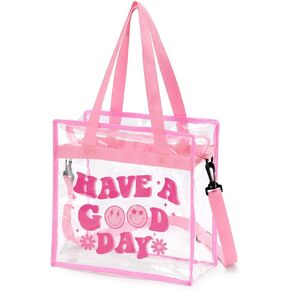 Pink Clear Stadium Bag Tote Cute Bag with Zipper Stadium Approved 12x6x12 Inches Transparent Hot Preppy Tote Bag Adjustable Strap for Sports Event Concert Festival Travel Work Beach
