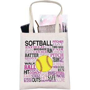LEVLO Softball Typography Canvas Tote Bag Softball Player Inspired Gift Softball Team Shoulder Bag For Softball Lover