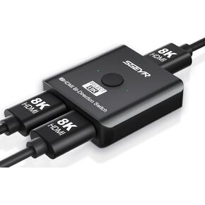 SGEYR HDMI Switch, 8K HDMI Switcher 2 in 1 Out,HDMI 2.1 Switch Selector,Aluminum HDMI 2.1 Splitter Bi-Directional Ultra HD, Support 8K@60Hz,48Gbps, Compatible with PS5/4,Xbox,Roku（Grey）