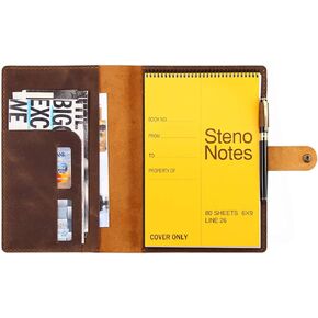 Leather Cover for 6"x9" Steno Notebook, Leather Folio Cover Compatible with 6x9 Spiral Steno Pads, A5 Notebook Organizer with Pen Loop - Brown