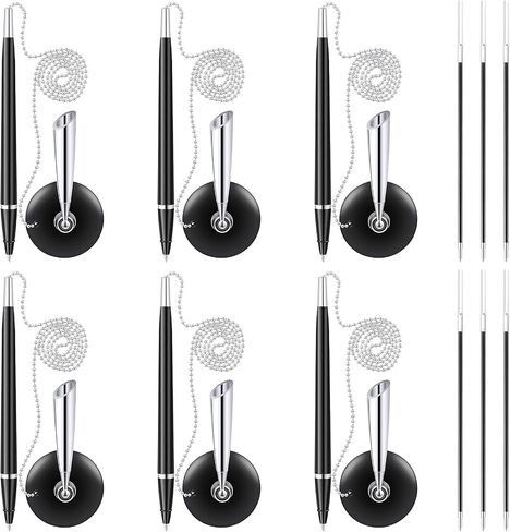 6 Pieces Secure Pen Set with Bead Chain and Pen Holder,and 6 Pieces Blank Ink Refills, Reception Counter Pen with 26 Inch Pen Chain for Bank, Office, Hotel Lobbies, Retail Stores, Black Ink in Saudi Arabia