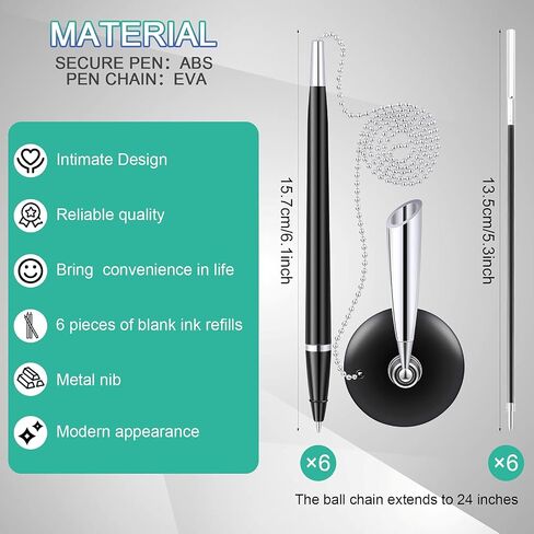 6 Pieces Secure Pen Set with Bead Chain and Pen Holder,and 6 Pieces Blank Ink Refills, Reception Counter Pen with 26 Inch Pen Chain for Bank, Office, Hotel Lobbies, Retail Stores, Black Ink in Saudi Arabia