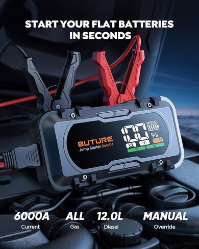 BUTURE بطارية السيارة Jump Starter 6000A Jump Box 65W شحن سريع (جميع الغاز/12.0 لتر ديزل)، حزمة بطارية محمولة للسيارة، بادئ تشغيل البطارية مع كابلات توصيل ممتدة، ضوء 600 لومن in Kuwait