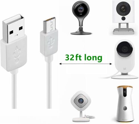 كابل تمديد طاقة بطول 32 قدمًا (10 أمتار)، متوافق مع Wyze Cam/Wyze Cam Pan، كاميرا Yi، NestCam Indoor، كاميرا Blink XT، كاميرا Netvue، كابل شحن USB إلى Micro USB لكاميرات الأمان المنزلية in Kuwait