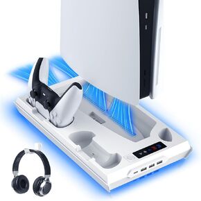Cooling Station for PS5 with Dual Controller Charging Station, Stand for PS5 Slim Console, Headset Holder, 3 USB Hub & USB-C Port - All-in-One Accessories Organizer, White