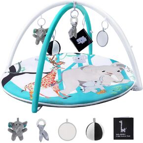 Baby Play Gym Activity Mat,Baby Gyms & Playmats for Babies 0 to 3 6 9 12 Months,Tummy Time Mat with 5 Toys for Stage-Based Sensory & Motor Skill Development Elephant