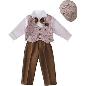 Dressy Daisy Baby Boy Wedding Outfit Gentleman Dress Suit Clothing Set with Vest and Bonnet, Blue/Brown