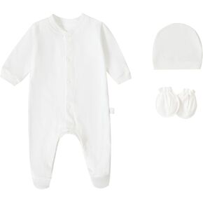 Baby Rompers 0~3 to 3-6 Months 100% Cotton Footies 3PCS Jumpsuit with Solid Hats Mittens Gloves