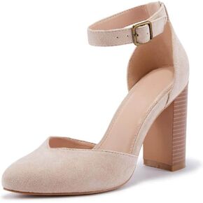 Coutgo Womens Chunky High Heels Closed Toe Ankle Strap Pumps Wedding Party Dressy Shoes