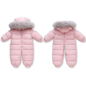 Infant Toddler Baby Snowsuit Warm Hooded Romper Jumpsuit Winter Coat Zipper Fur Collar for Girls Boys