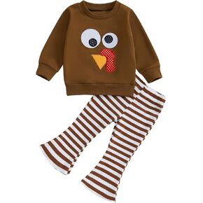 Toddler Baby Girl Thanksgiving Outfit Turkey Embroidery Crewneck Long Sleeve Sweatshirt Top Stripes Flared Pants Set
