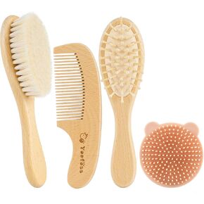 مجموعة مشط وفرشاة شعر الأطفال من يوفوس، مكونة من 4 قطع لحديثي الولادة والأطفال الصغار، فرشاة شعر خشبية للأطفال مع شعر ماعز طبيعي فائق النعومة، مجموعة مشط للأطفال للأولاد والبنات، فرشاة غطاء المهد للأطفال الرضع in Kuwait