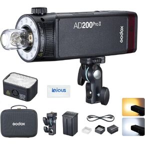 Godox AD200 Pro II AD200Pro II 200Ws Flash Strobe, 2.4G Wireless 1/8000 HSS Monolight, 500 Full Power Flashes, 0.01-1.8s Recycling, 2980mAh Battery, Upgrade Bare Bulb/Speedlite Fresnel Flash Head