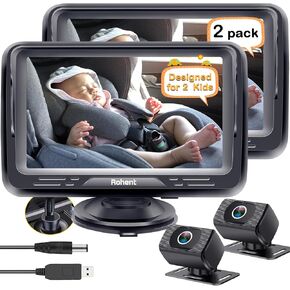 Rohent Baby Car Camera 2-Pack - Dual HD 1080P Monitors with Night Vision, Adjustable Angles, Glare-Free Display, Easy Installation for Two Kids, Ideal for Road Trips in Saudi Arabia