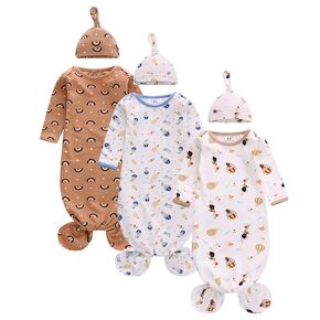 Newborn Knotted Nightgown Long Sleeve with Matching Hat Set 3 Pack, Cotton Baby Sleeper Gowns Sleeping Bags Home Outfits Set with Mitten Cuffs for Boys Girls (Balloon + Rainbow + Bear, 0-6 Months)