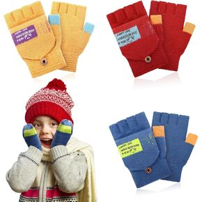3 Pairs Kids Fingerless Gloves Winter Mittens Convertible Flip Top Warm Gloves for 7-12 Toddler