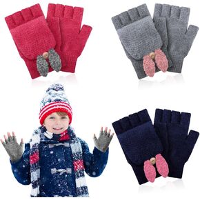 3 Pairs Kids Fingerless Gloves Winter Mittens Convertible Flip Top Warm Gloves for 7-12 Toddler