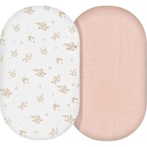 Muslin Bassinet Sheets, Baby Boy and Baby Girl Sheets, Soft Breathable Stretchy Baby Pad/Sheet Set, Universal for Any Mattress, Rectangle, Oval, Hourglass,33''x17''2 Pack (Floral, Beige