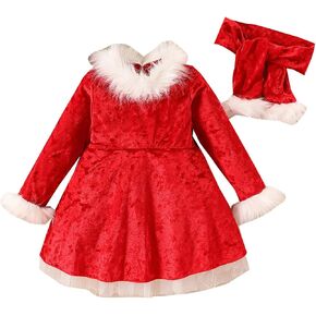 ZINTAOZT-Toddler Girls Christmas Dress Santa Claus Outfit Red Long Sleeve Princess Plush Trim Dress Velvet Xmas Party Dress