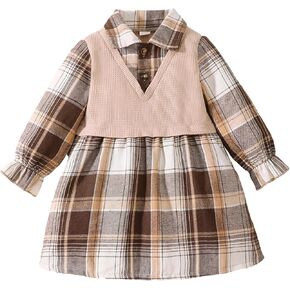 Toddler Baby Girl Dress Fall Winter Clothes 2 in 1 Infant Outfit Long Sleeve Button Down Toddler Dress for Girls