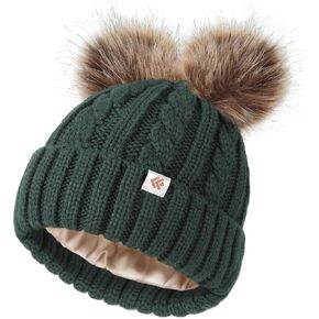 Kids Beanie Satin Lined Winter Beanie Hat for Baby Boy Girl Warm Todders Beanie with Double Pom Pom Ears 1-7 Years