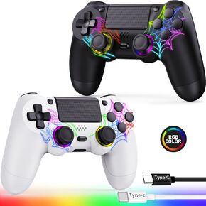 GamingBoy 2 Pack Wireless Controller for PS4/Pro/Slim/PC, RGB Light-up Controller with Hall Effect Joystick/1000mAh Battery/Type-C/Dual Vibration/6-Axis Gyro/Headphone Jack/Touch Pad for Ps4 (Black)