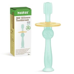 haakaa 360° Baby Toothbrush with Suction Base - Gentle Cleaning for Infant Self-Brushing Training, Food-Grade Silicone, Adjustable Safety Shield - Blush (1 Piece)