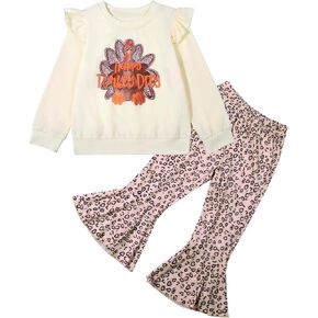 Toddler Baby Girl Christmas Outfit Print Long Sleeve Sweatshirt Flared Pants Bell Bottoms 2 Piece Clothes Set