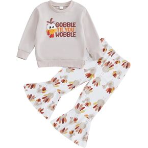Eadrioss Thanksgiving Baby Girl Outfit- Turkey Print Sweatshirt Bell Bottom Pant Set for Toddler Girl Thanksgiving Clothes