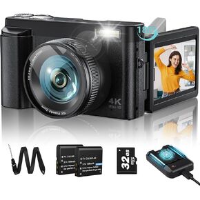 Upgrade 4K Digital Camera for Photography 48MP with 3'' 180° Flip Screen 16X Zoom Autofocus Vlogging Camera for YouTube, Compact Point and Shoot Cameras with 32G Card, 2 Batteries & Battery Charger