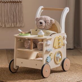 ROBOTIME Wooden Baby Walker, Baby Push Walker, Baby Activity Center Toys - Toddler Walking Activity Center Push Toys with Safety Brake, Baby Walker for Motor Skills (Rattan Doll Walker) in Saudi Arabia