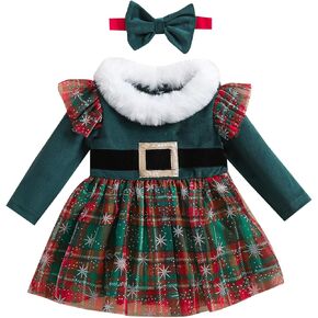 Toddler Baby Girl Christmas Dress Long Sleeve Santa Claus Red Velvet Dress with Headband Outfit Infant Xmas Clothes