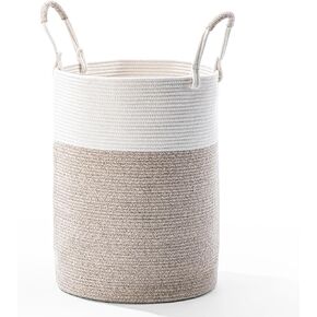 Cotton Rope Basket, 15"D x 18"H – Large/Tall Woven Hamper for Nursery, Laundry, Toys, Clothes, Linen, Yoga Mat – Storage Bin for Living Room, Bedroom, Boho Décor – White & Beige Brown