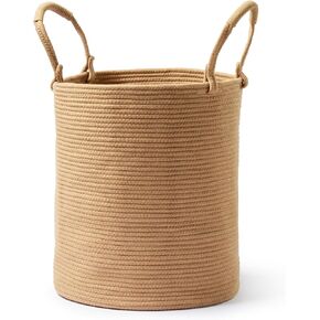 Cotton Rope Basket, 15"D x 18"H – Large/Tall Woven Hamper for Nursery, Laundry, Toys, Clothes, Linen, Yoga Mat – Storage Bin for Living Room, Bedroom, Boho Décor – White & Beige Brown