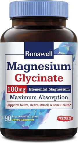 Bonawell Magnesium Glycinate, 210 mg Elemental Magnesium Per Serving, Fully Chelated & Non-Buffered, Supports Relaxation, Nerve, Muscle & Bone Health, 120 Vegan Capsules in Saudi Arabia