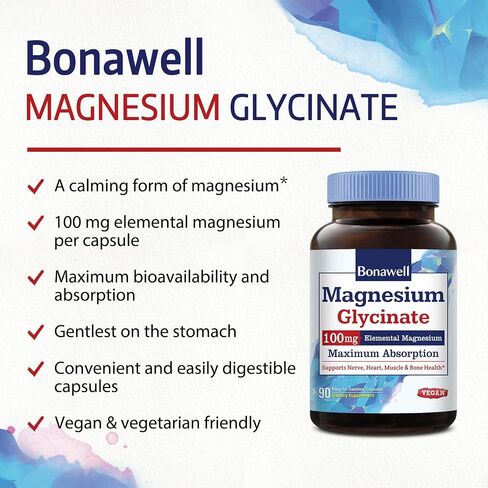 Bonawell Magnesium Glycinate, 210 mg Elemental Magnesium Per Serving, Fully Chelated & Non-Buffered, Supports Relaxation, Nerve, Muscle & Bone Health, 120 Vegan Capsules in Saudi Arabia
