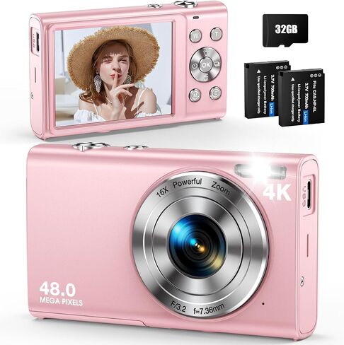 Digital Camera, Autofocus 48MP UHD 4K Vlogging Camera 16X Digital Zoom, Portable Compact Point and Shoot Digital Camera for Teens Adult Beginner with 32GB Card, 2 Batteries, Lanyard(Black) in Saudi Arabia