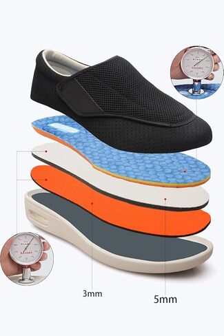 أحذية نسائية لمرضى السكري أحذية مشي كاجوال قابلة للتعديل أحذية واسعة لكبار السن منتفخة الأقدام غير قابلة للانزلاق وسادة هوائية سفلية للتسمين والاتساع أسود 6.5 in Kuwait