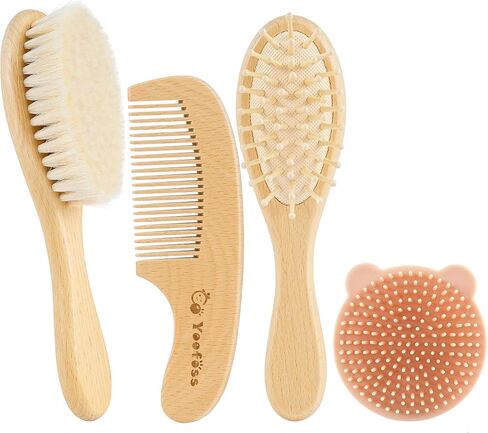 مجموعة مشط وفرشاة شعر الأطفال من يوفوس، مكونة من 4 قطع لحديثي الولادة والأطفال الصغار، فرشاة شعر خشبية للأطفال مع شعر ماعز طبيعي فائق النعومة، مجموعة مشط للأطفال للأولاد والبنات، فرشاة غطاء المهد للأطفال الرضع in Kuwait