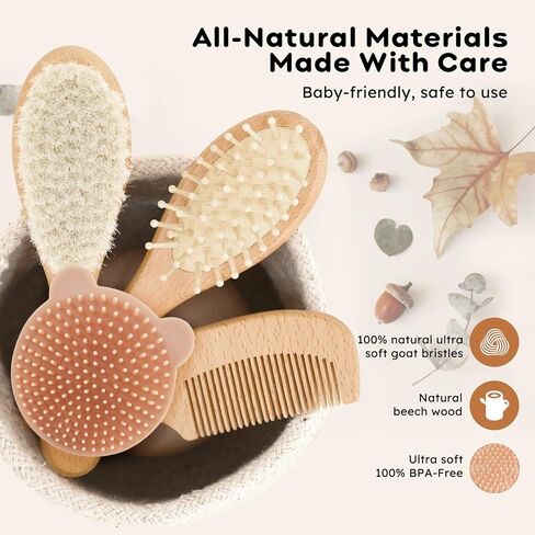 مجموعة مشط وفرشاة شعر الأطفال من يوفوس، مكونة من 4 قطع لحديثي الولادة والأطفال الصغار، فرشاة شعر خشبية للأطفال مع شعر ماعز طبيعي فائق النعومة، مجموعة مشط للأطفال للأولاد والبنات، فرشاة غطاء المهد للأطفال الرضع in Kuwait