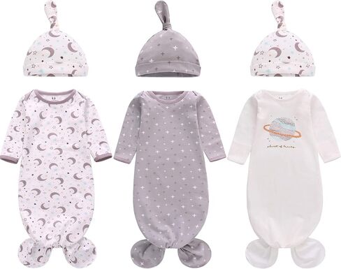 Newborn Knotted Nightgown Long Sleeve with Matching Hat Set 3 Pack, Cotton Baby Sleeper Gowns Sleeping Bags Home Outfits Set with Mitten Cuffs for Boys Girls (Balloon + Rainbow + Bear, 0-6 Months) in Kuwait