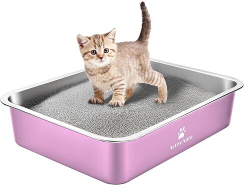 Stainless Steel Cat Litter Box,Kitty Litter Box with Letter Stickers,Metal Cat Litter Pan,Indoor Litter Tray,Pet Toilet Supplies for Small & Medium Cats,Kitten, Rabbit, Non Stick,Easy to Clean in Saudi Arabia