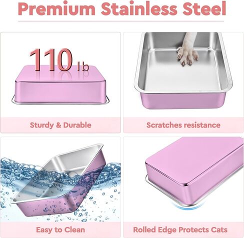 Stainless Steel Cat Litter Box,Kitty Litter Box with Letter Stickers,Metal Cat Litter Pan,Indoor Litter Tray,Pet Toilet Supplies for Small & Medium Cats,Kitten, Rabbit, Non Stick,Easy to Clean in Saudi Arabia