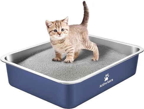 Stainless Steel Cat Litter Box,Kitty Litter Box with Letter Stickers,Metal Cat Litter Pan,Indoor Litter Tray,Pet Toilet Supplies for Small & Medium Cats,Kitten, Rabbit, Non Stick,Easy to Clean in Saudi Arabia