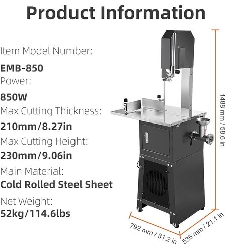 Commercial Electric Meat Bandsaw, 850W Butcher Saw Cutter and Grinding Machine with Sausage Stuffer, Stainless Steel Meat Slicer Grinder for Butchering, 0.16-9.1 Inch Cutting Thickness in Saudi Arabia
