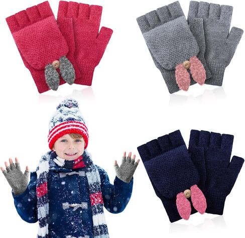 3 Pairs Kids Fingerless Gloves Winter Mittens Convertible Flip Top Warm Gloves for 7-12 Toddler in Kuwait