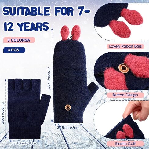 3 Pairs Kids Fingerless Gloves Winter Mittens Convertible Flip Top Warm Gloves for 7-12 Toddler in Kuwait
