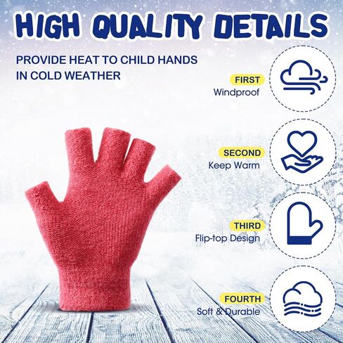 3 Pairs Kids Fingerless Gloves Winter Mittens Convertible Flip Top Warm Gloves for 7-12 Toddler in Kuwait