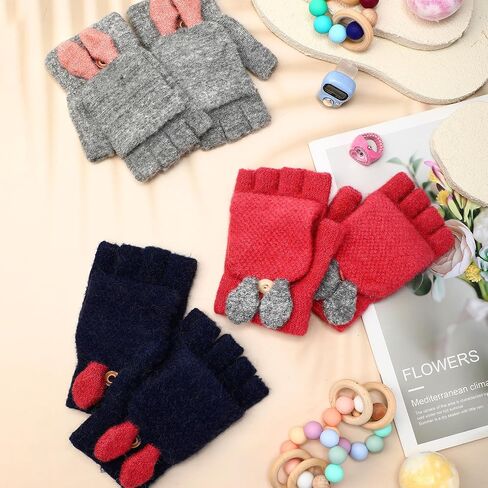 3 Pairs Kids Fingerless Gloves Winter Mittens Convertible Flip Top Warm Gloves for 7-12 Toddler in Kuwait