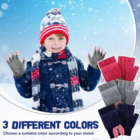 3 Pairs Kids Fingerless Gloves Winter Mittens Convertible Flip Top Warm Gloves for 7-12 Toddler in Kuwait